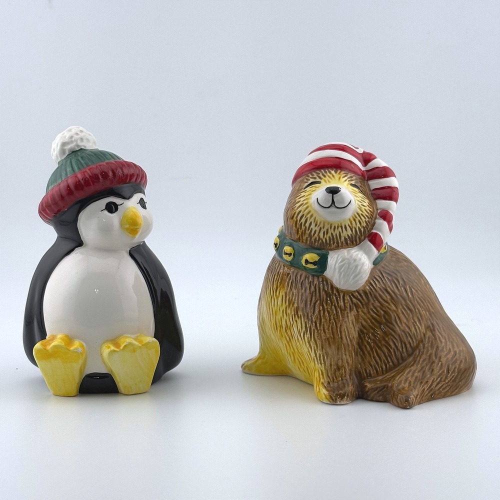 Christmas Penguin and Sea Lion Ceramic Salt and Pepper Shakers Set Holiday Decor